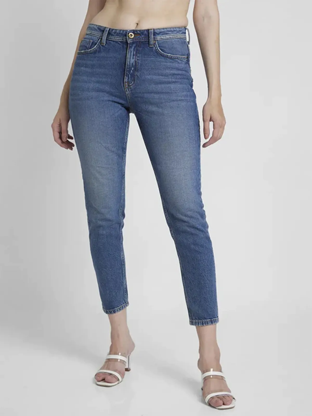 Spykar blue ankle length washed jeans