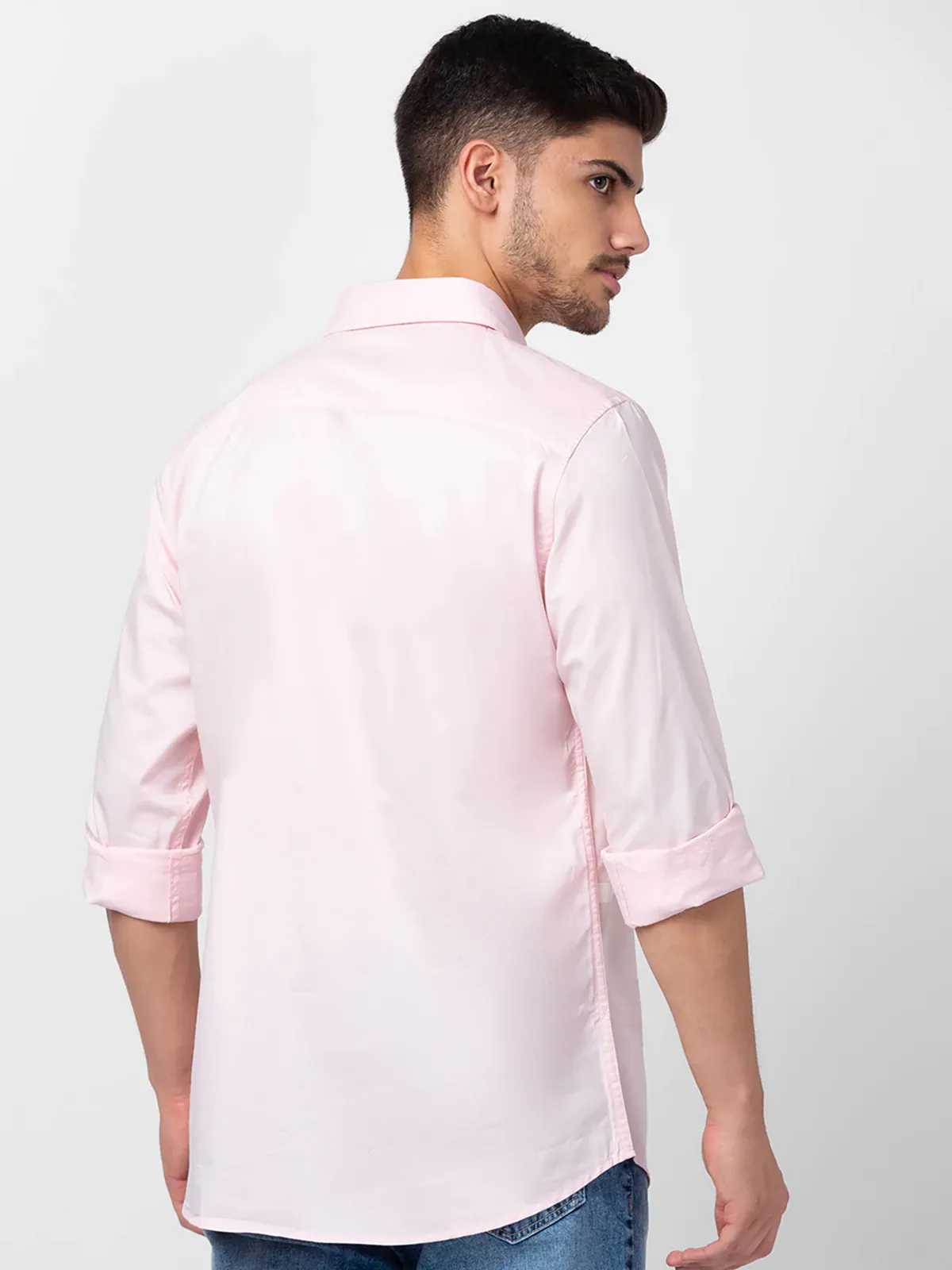Spykar light pink cotton plain shirt