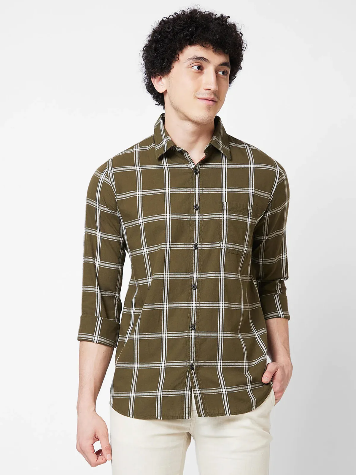 SPYKAR olive checks cotton shirt