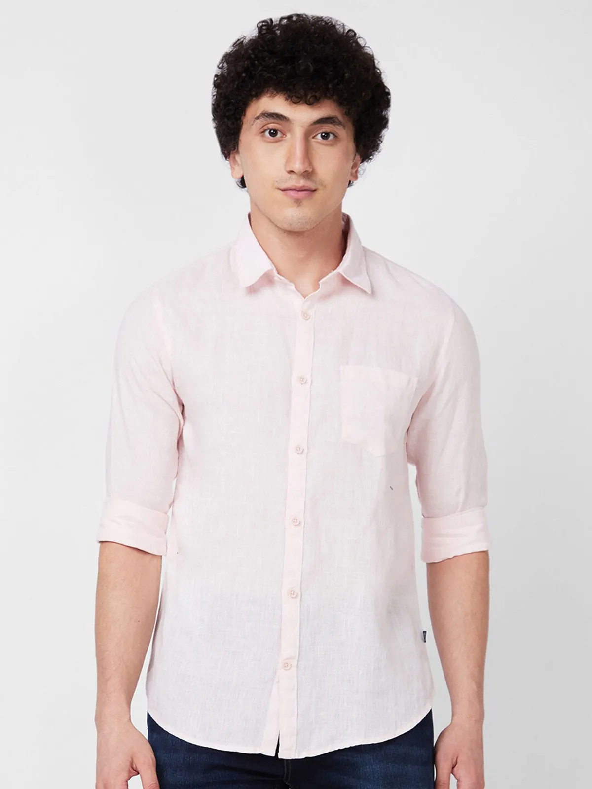SPYKAR plain peach linen shirt