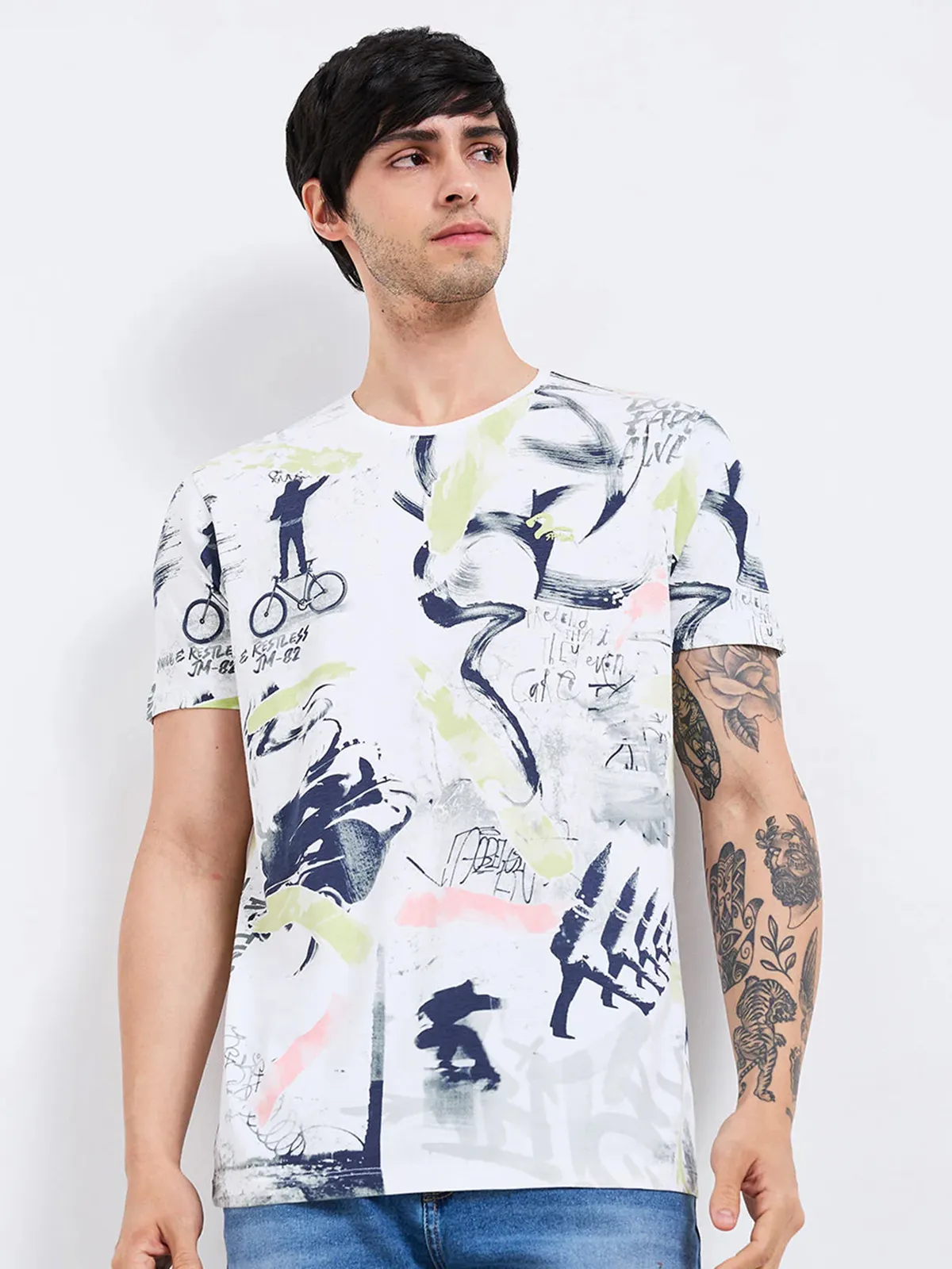 SPYKAR printed white cotton t-shirt for men