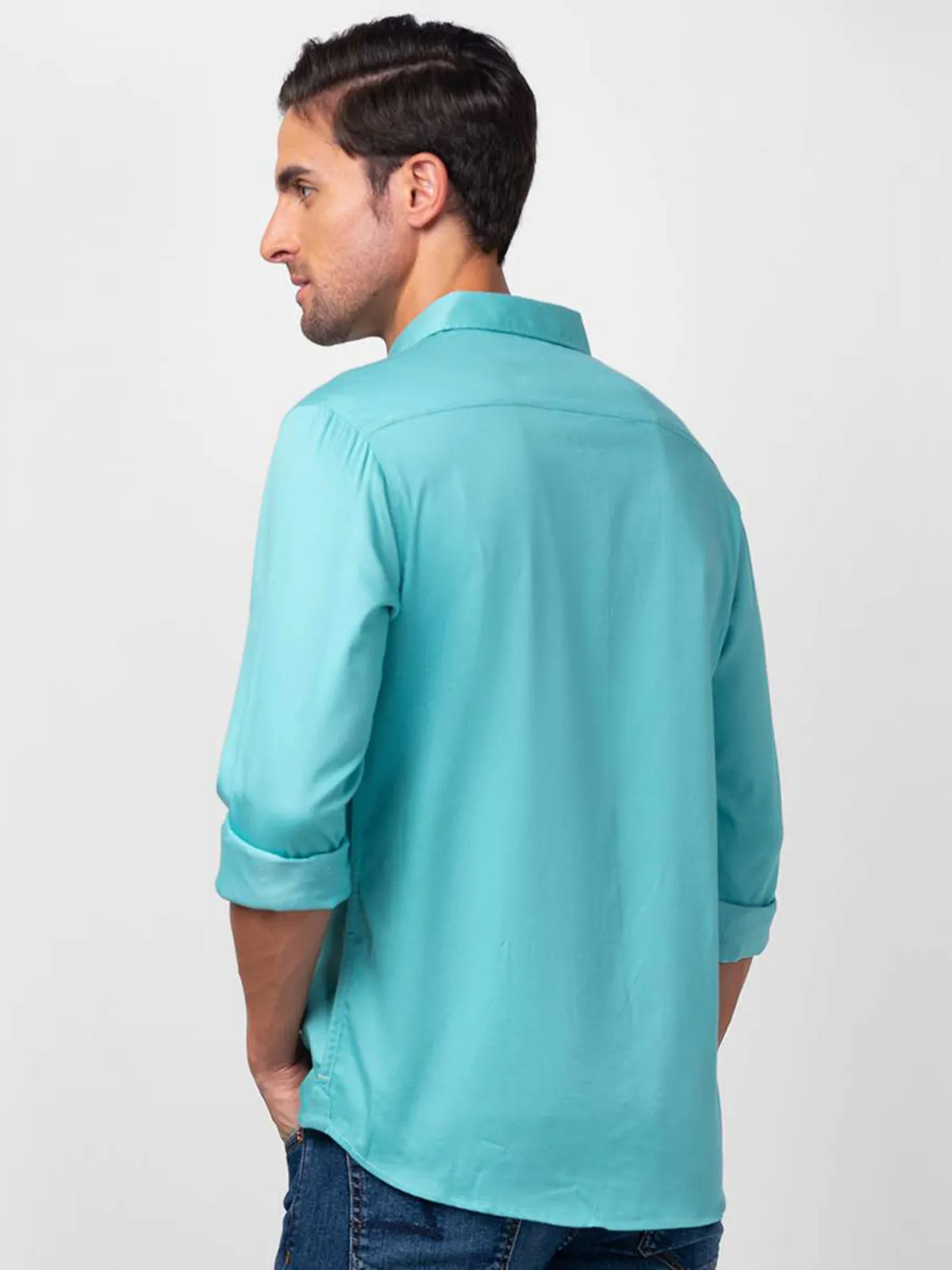 Spykar sea blue plain cotton shirt