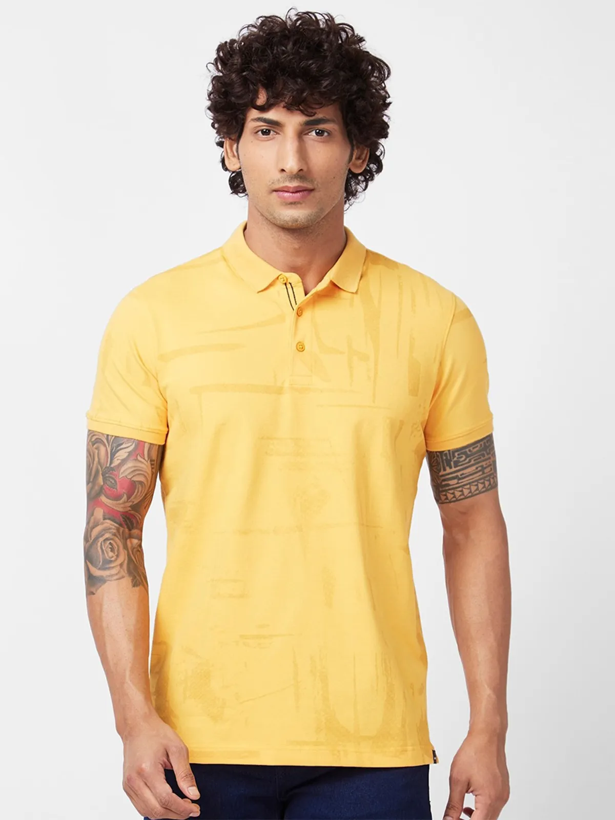 Spykar yellow printed polo t shirt