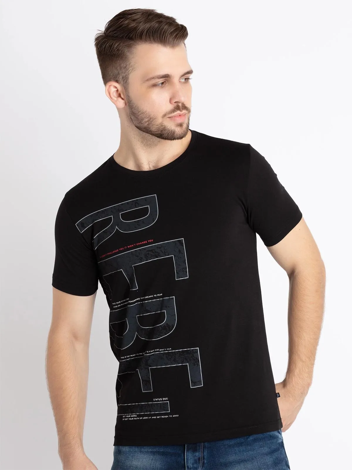 STATUS QUO classy black printed cotton t-shirt