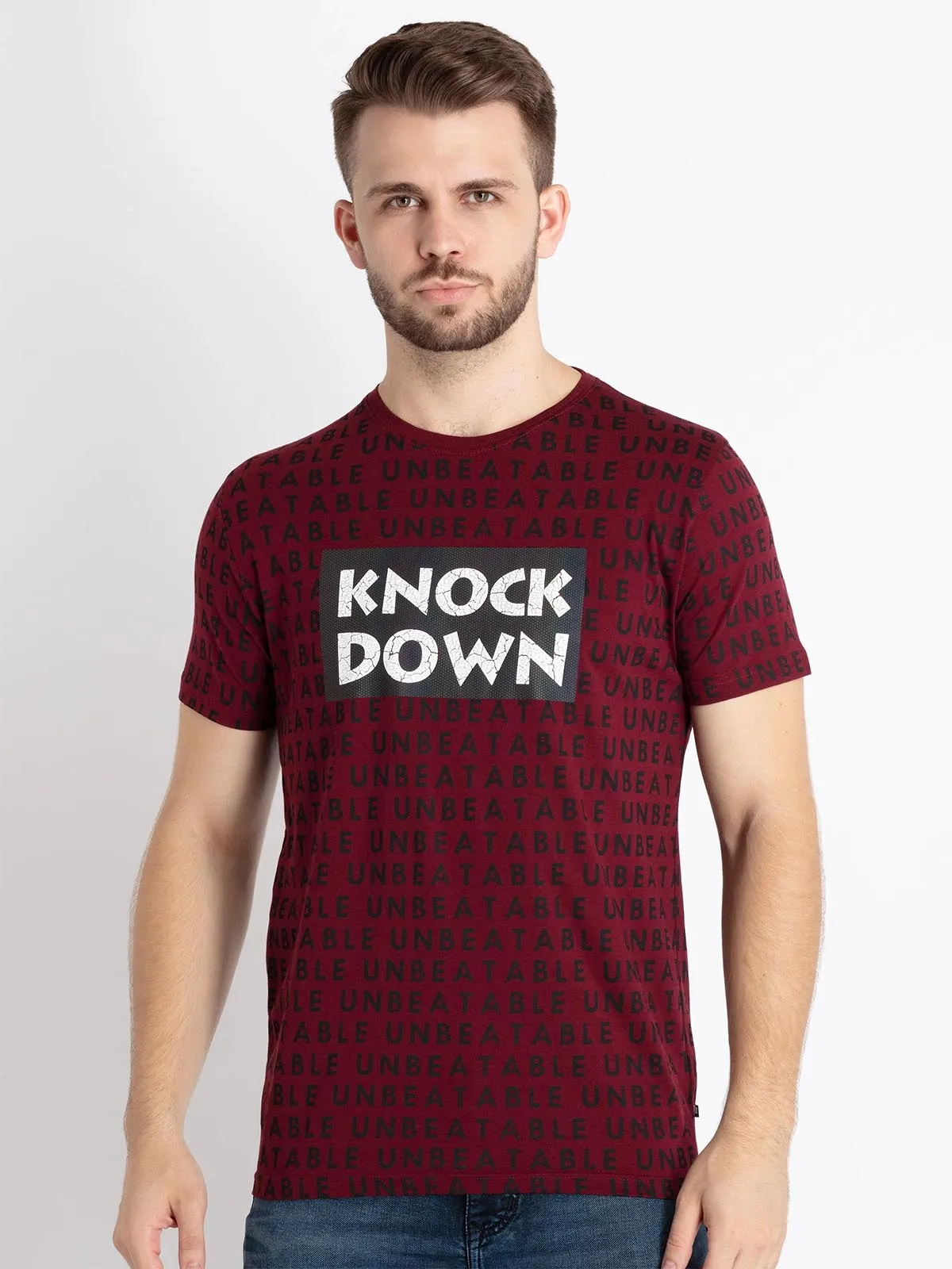 STATUS QUO maroon printed cotton t-shirt