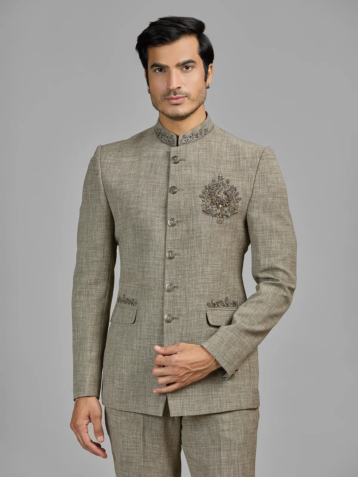 Stone beige terry rayon jodhpuri suit for men