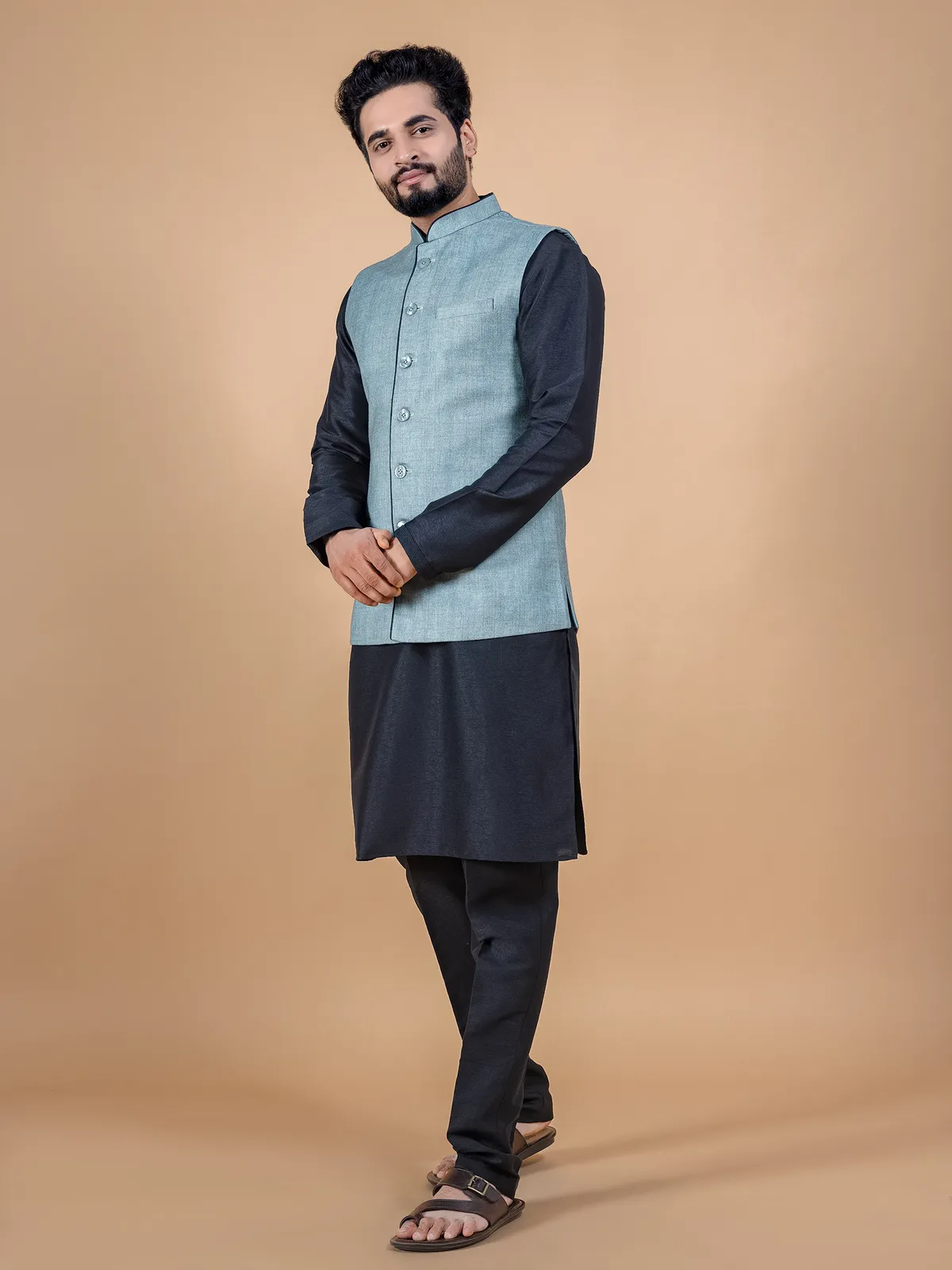 Stone blue jute silk waistcoat set