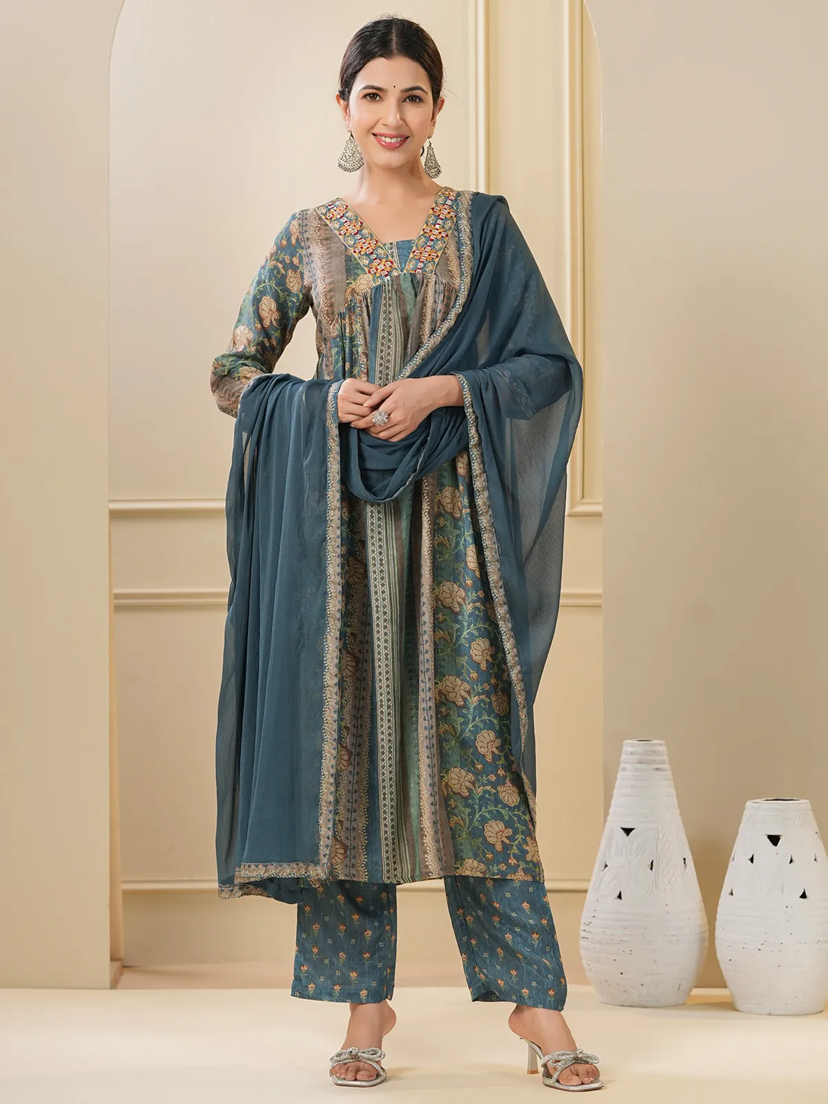 Stone blue printed kurti set