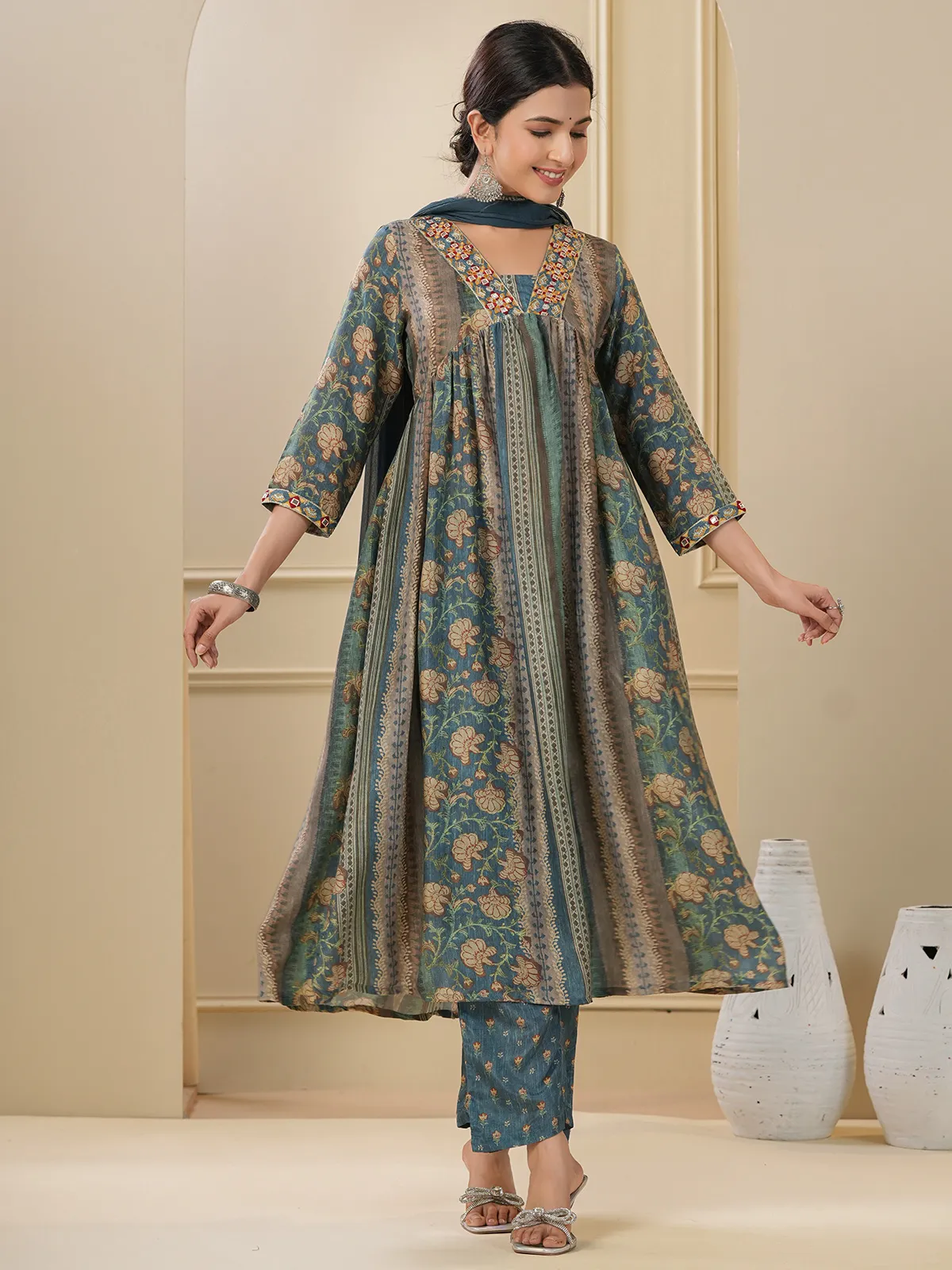 Stone blue printed kurti set