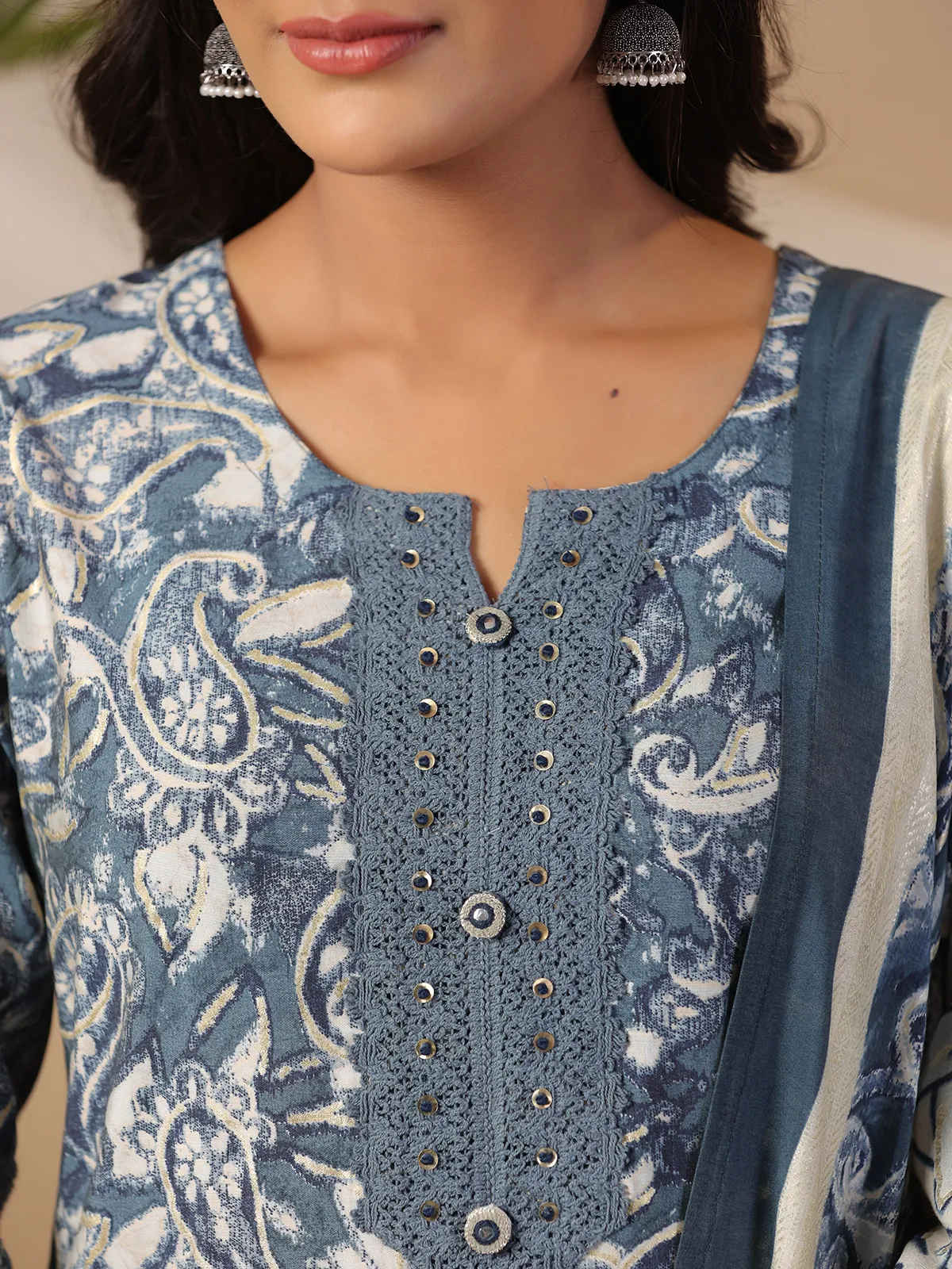 Stone blue printed kurti set in cotton