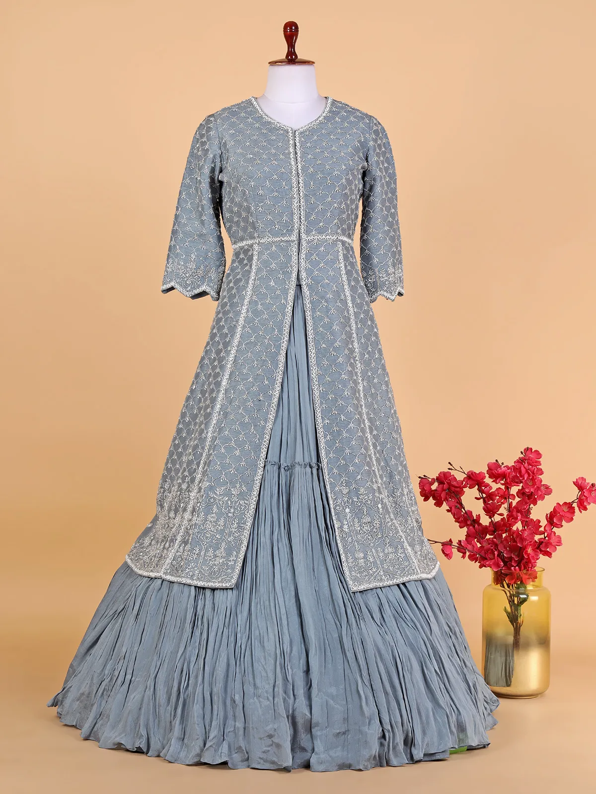 Stone blue raw silk lehenga suit