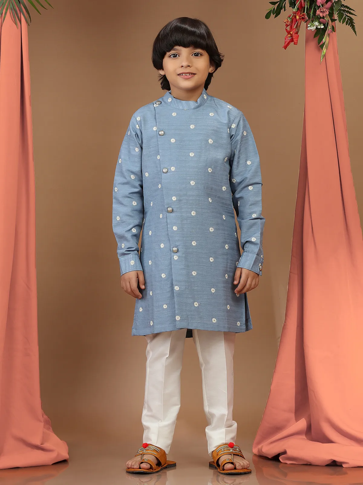 Stone blue silk kurta suit with resham work