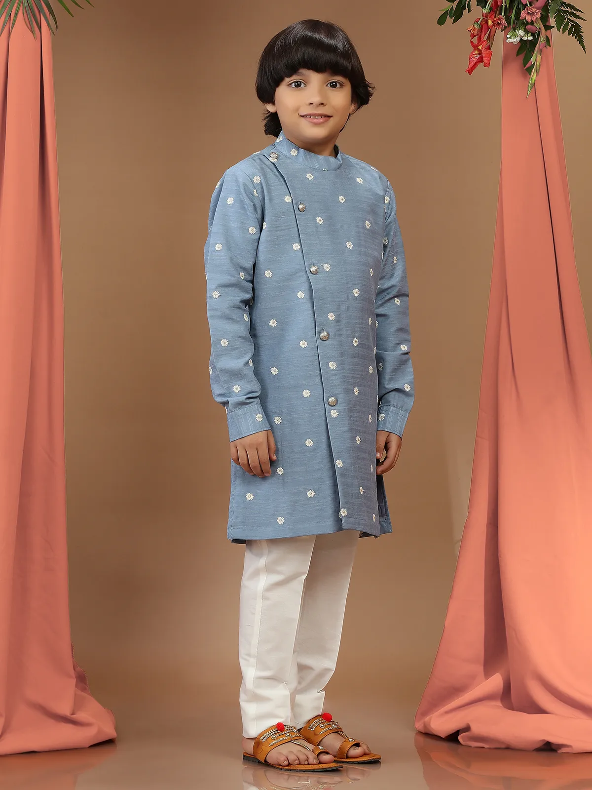 Stone blue silk kurta suit with resham work