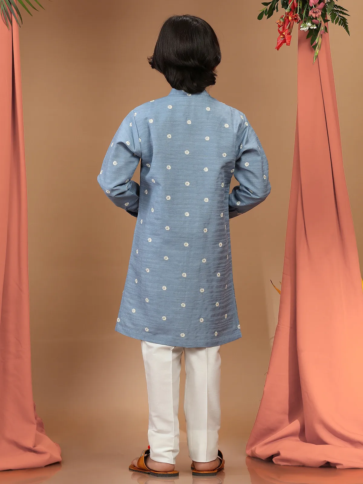Stone blue silk kurta suit with resham work