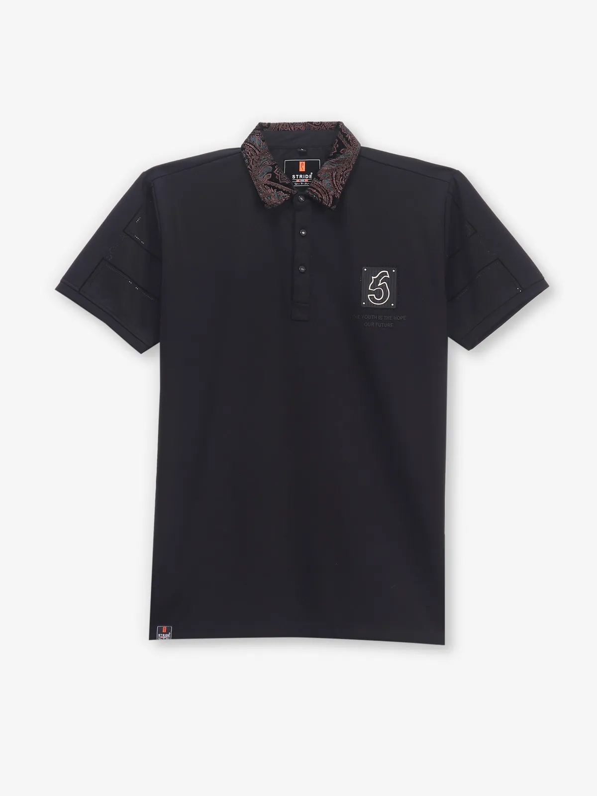STRIDE plain black cotton polo t-shirt