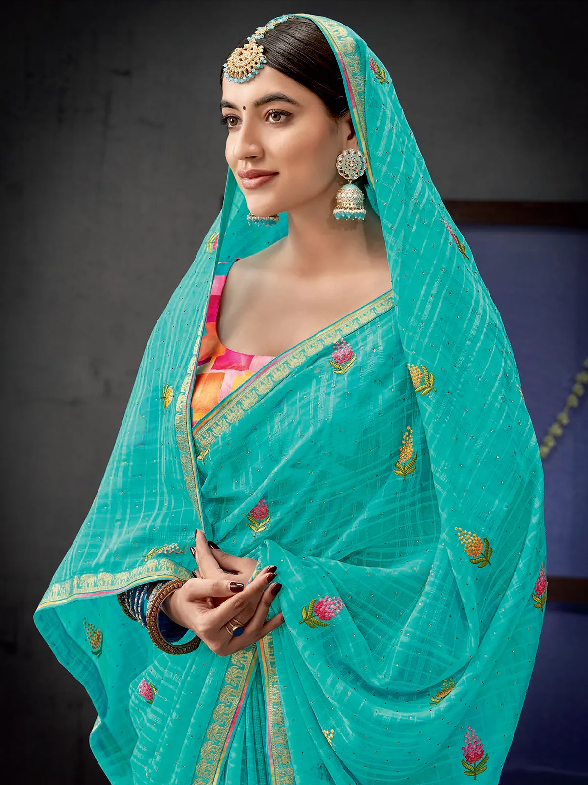 Stunning aqua georgette saree