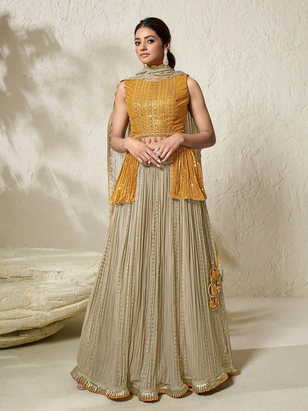 Stunning beige and yellow lehenga choli