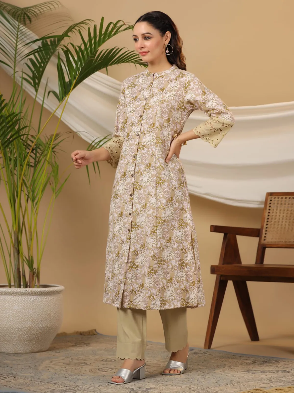 Stunning beige cotton printed kurti