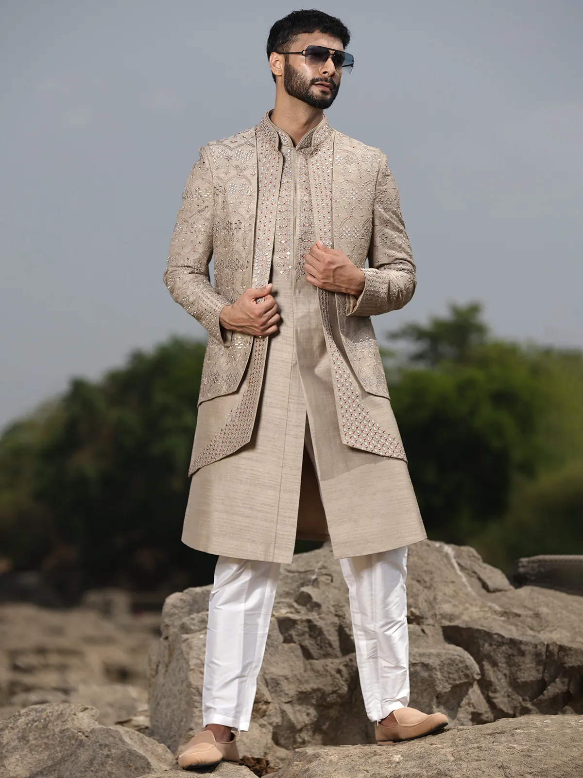 Stunning beige raw silk indowestern