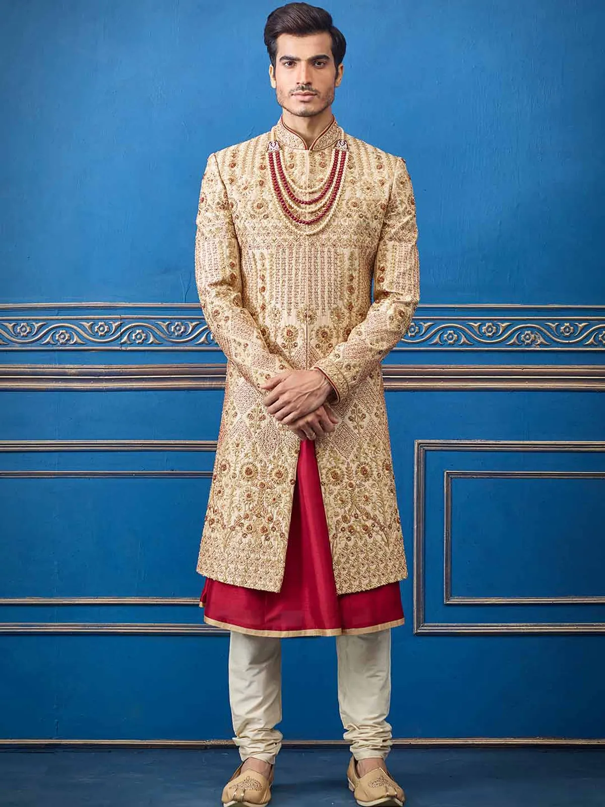 Stunning beige silk groom sherwani
