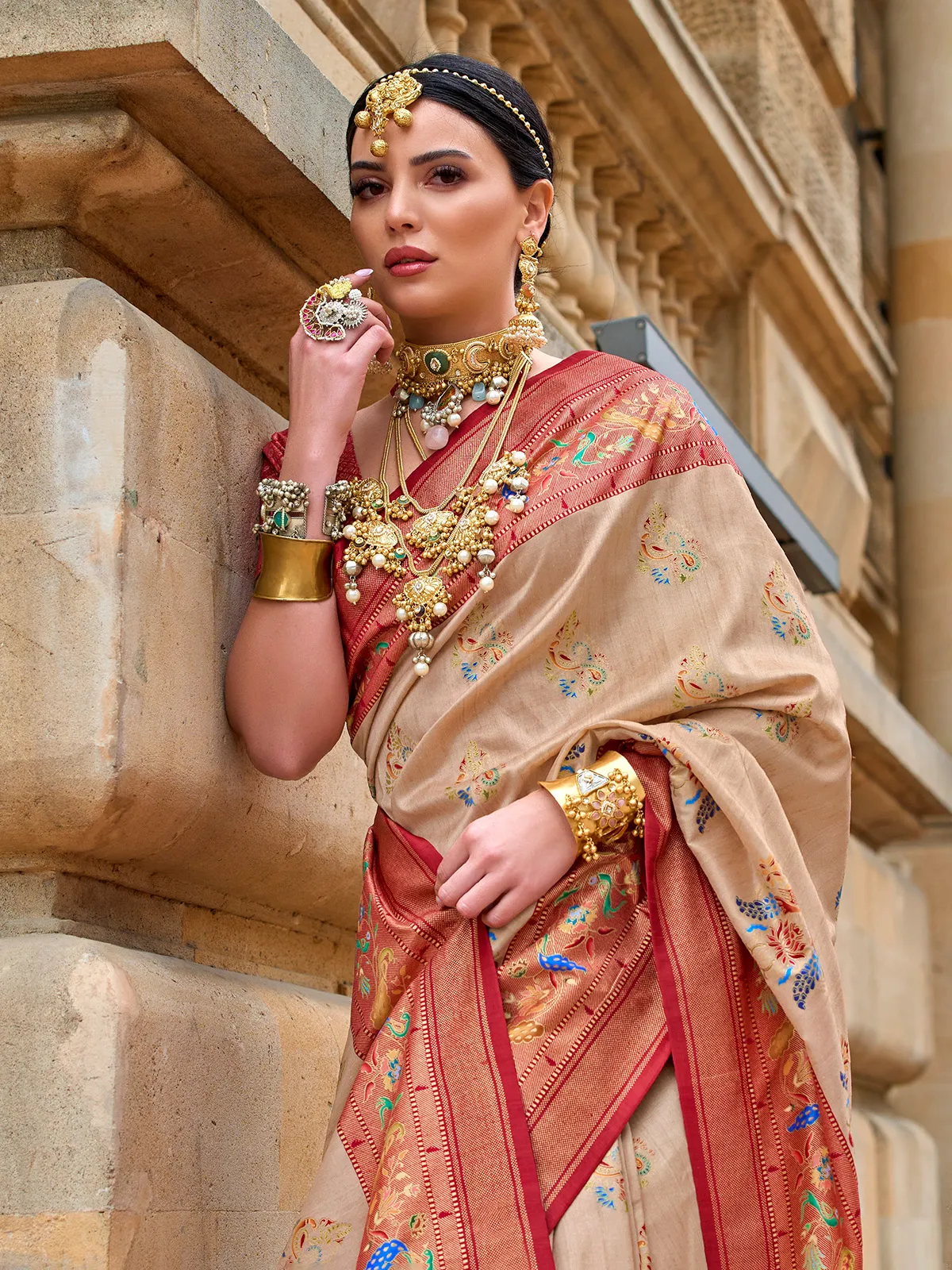 Stunning beige silk printed saree