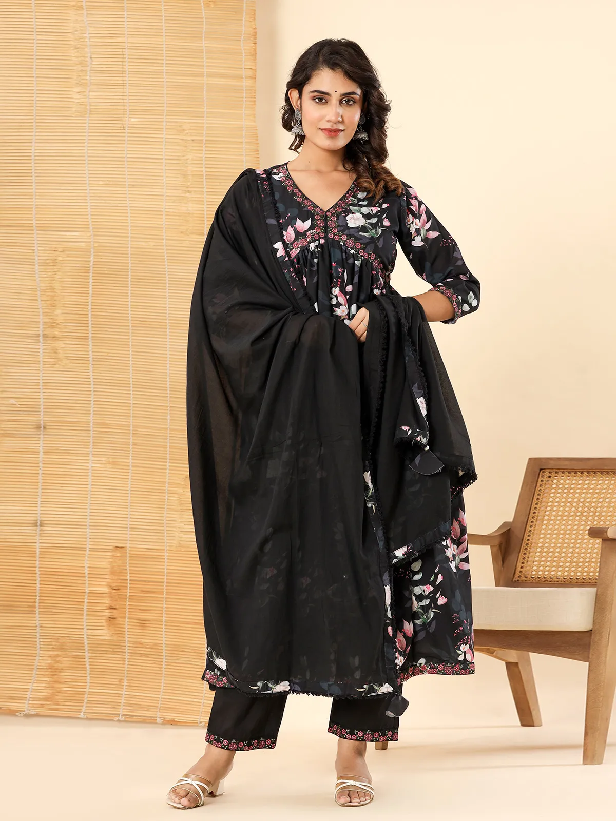 Stunning black cotton printed kurti set