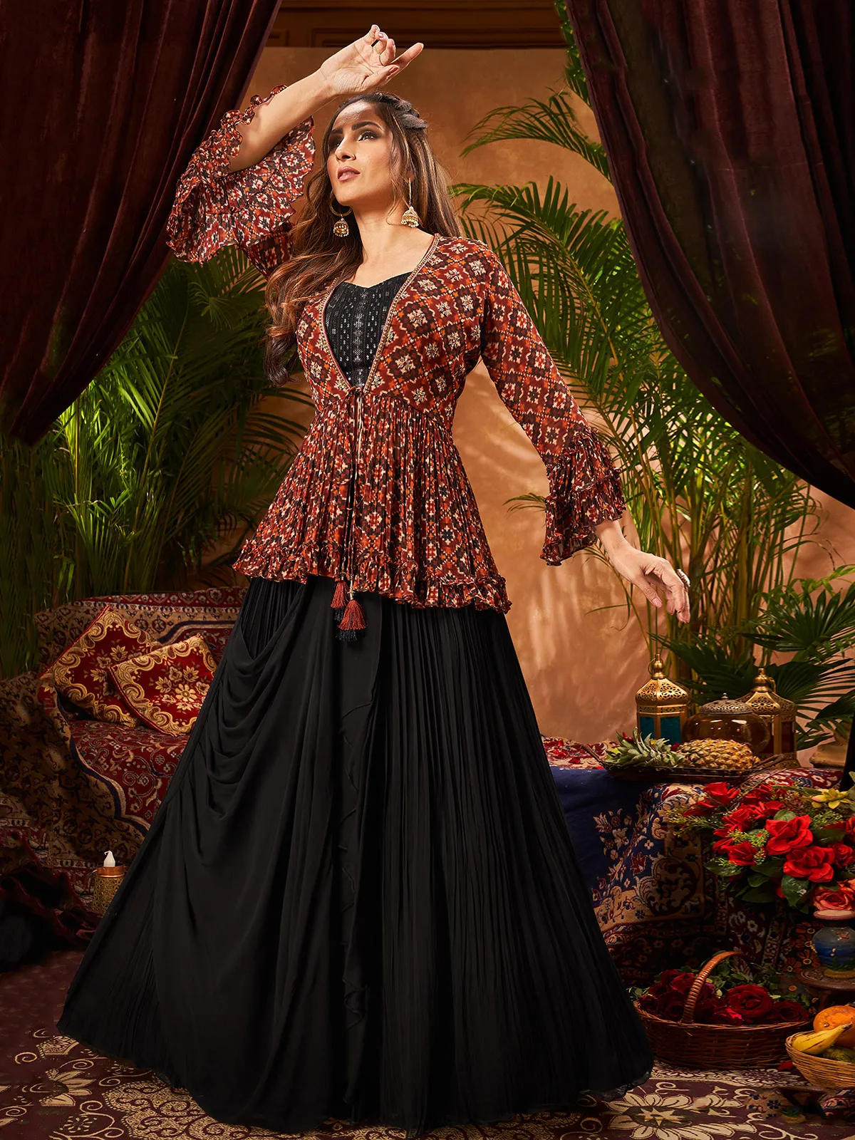 Stunning black georgette lehenga suit with shrug