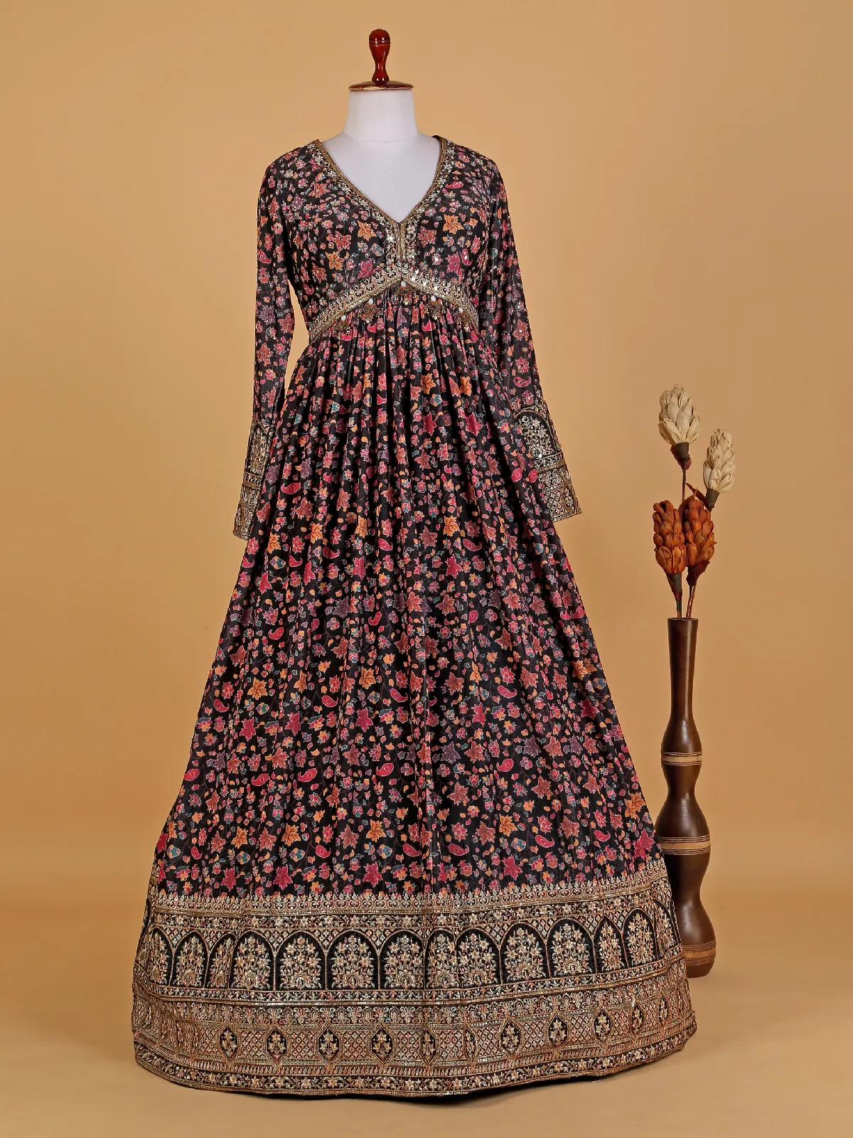 Stunning black printed silk anarkali suit