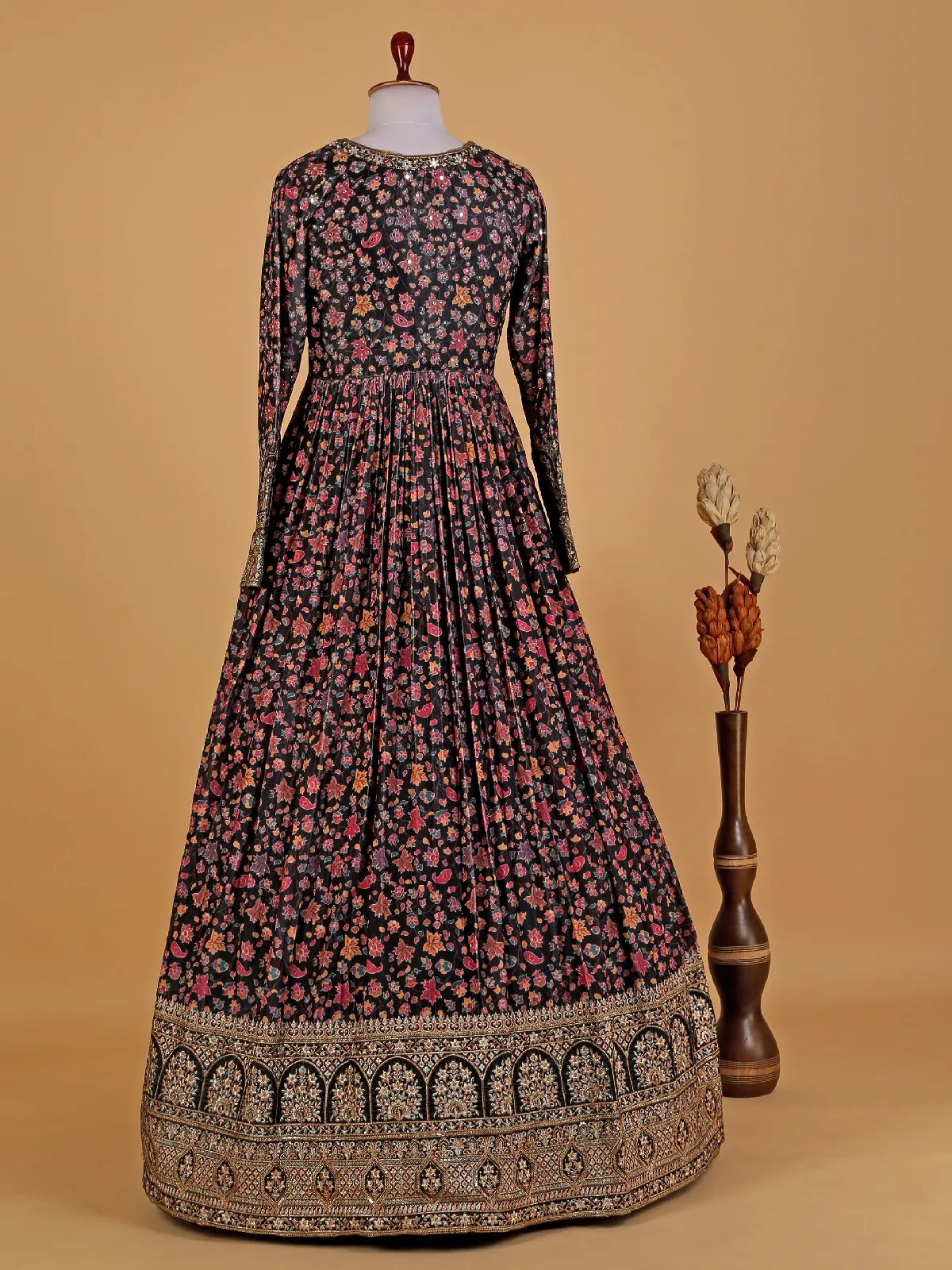 Stunning black printed silk anarkali suit