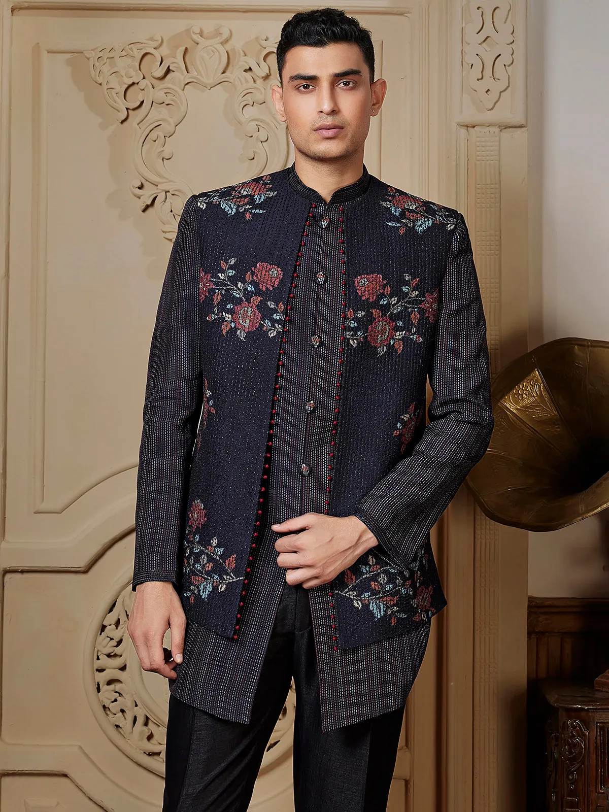Stunning black raw silk Semi-Indowestern for men