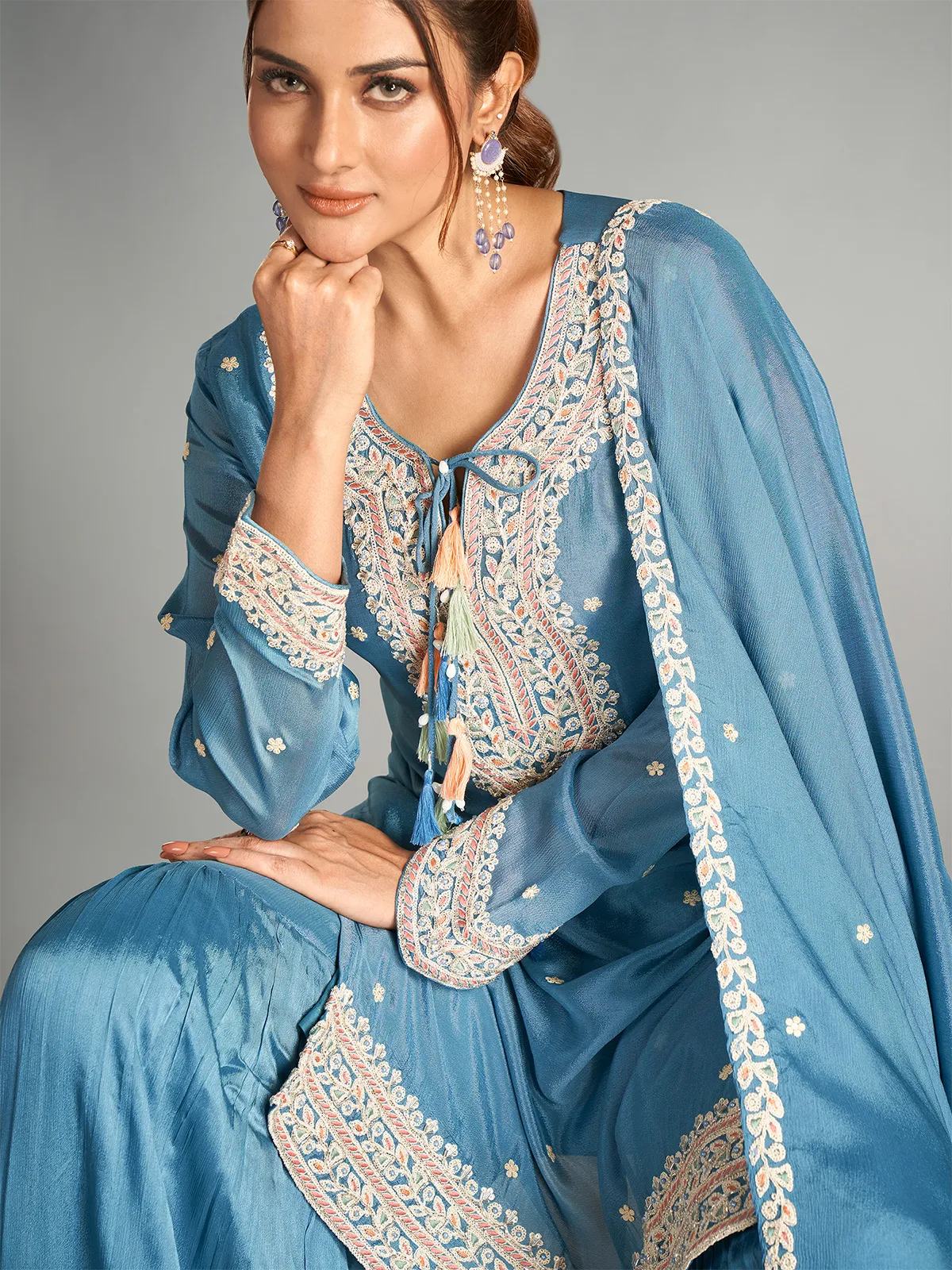 Stunning blue chiffon palazzo suit