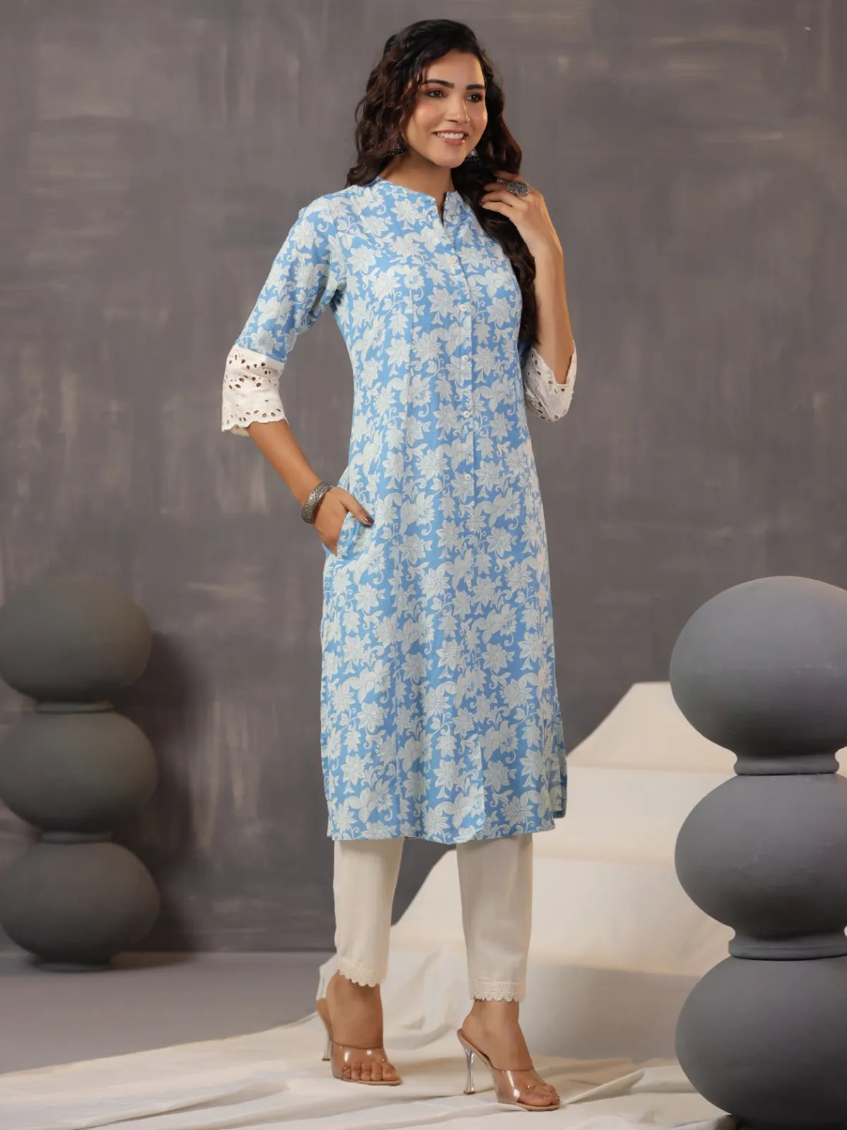 Stunning blue printed kurti in cotton silk