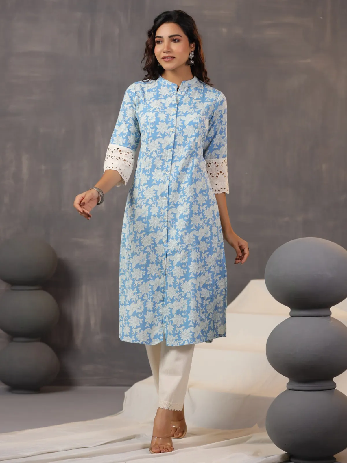 Stunning blue printed kurti in cotton silk