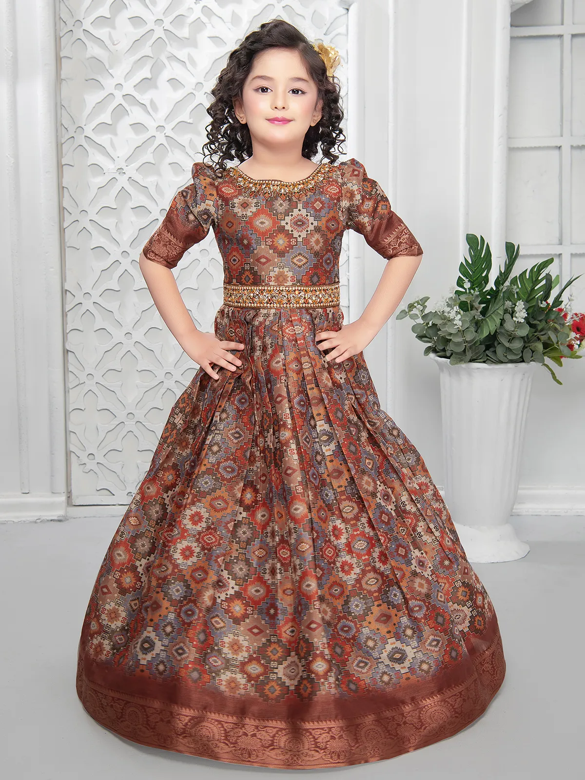 Stunning brown silk printed gown