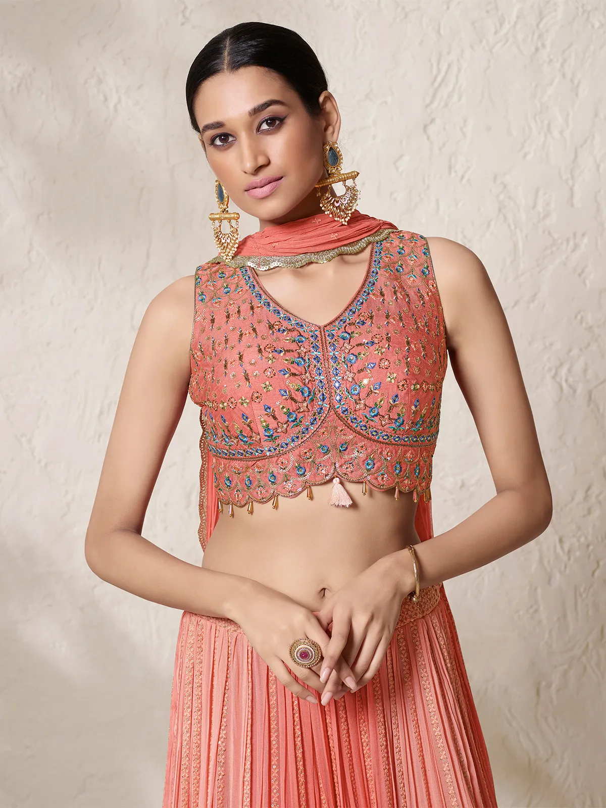 Stunning coral pink georgette lehenga choli