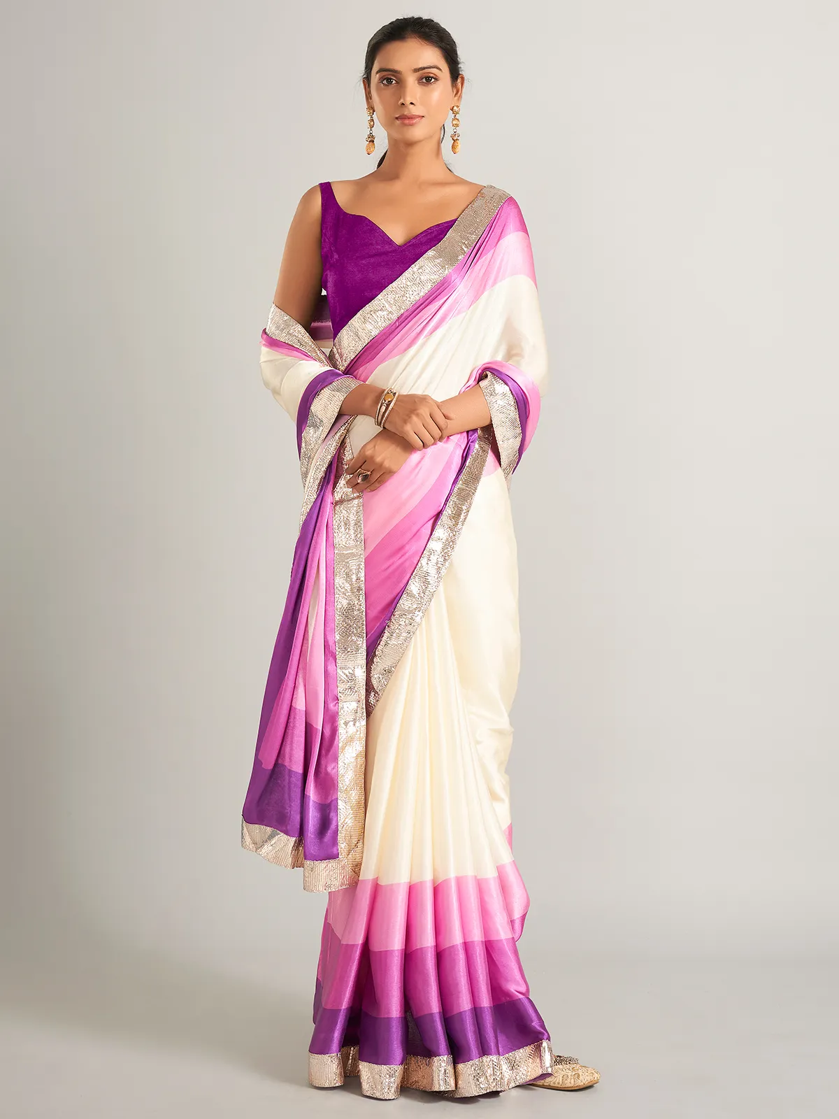 Stunning cream and purple plain masru silk saree