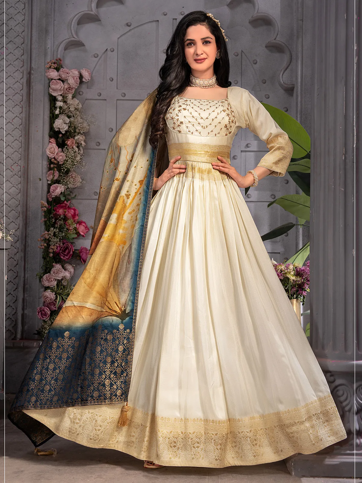 Stunning cream banarasi silk anarkali suit