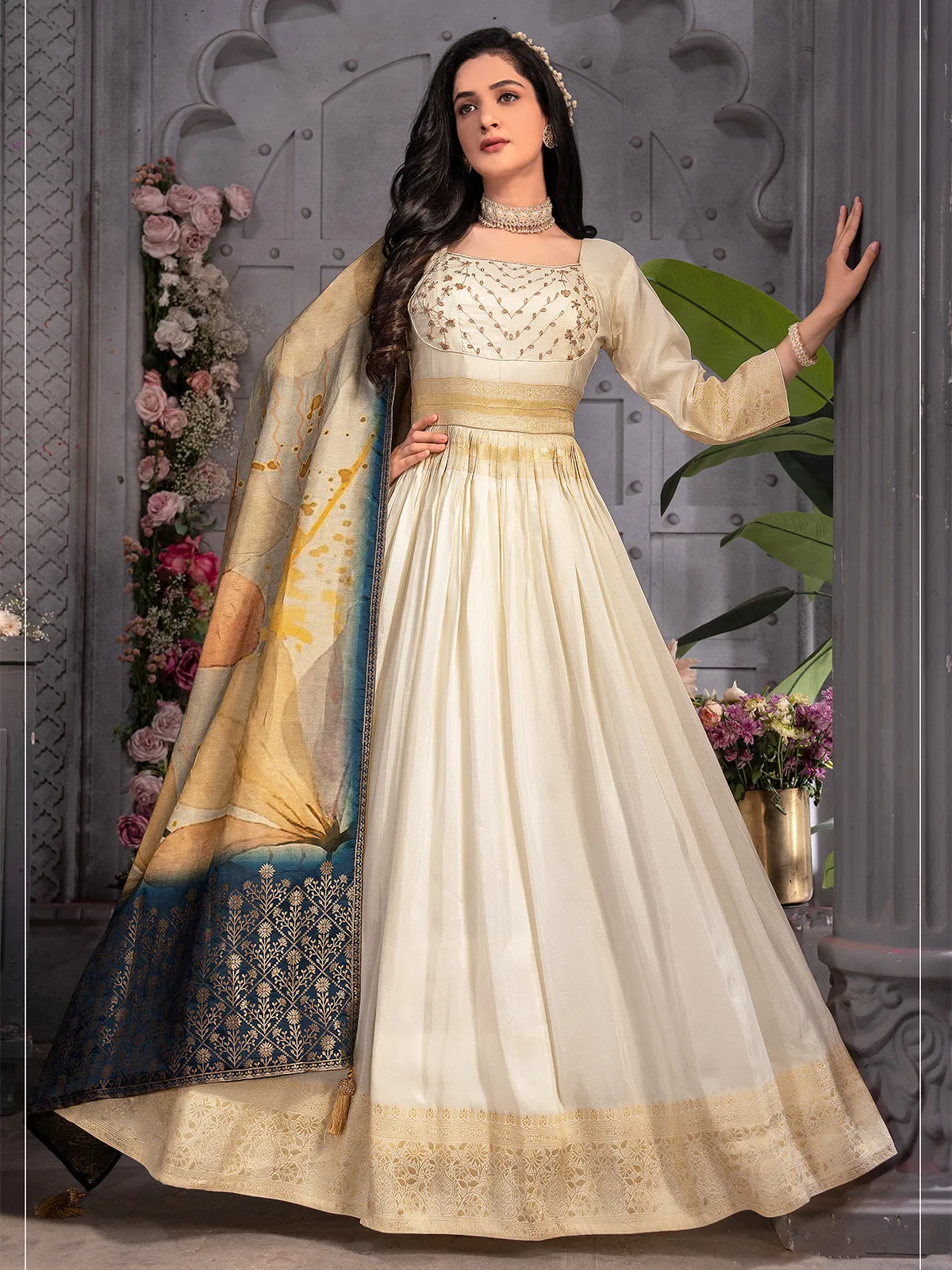 Stunning cream banarasi silk anarkali suit