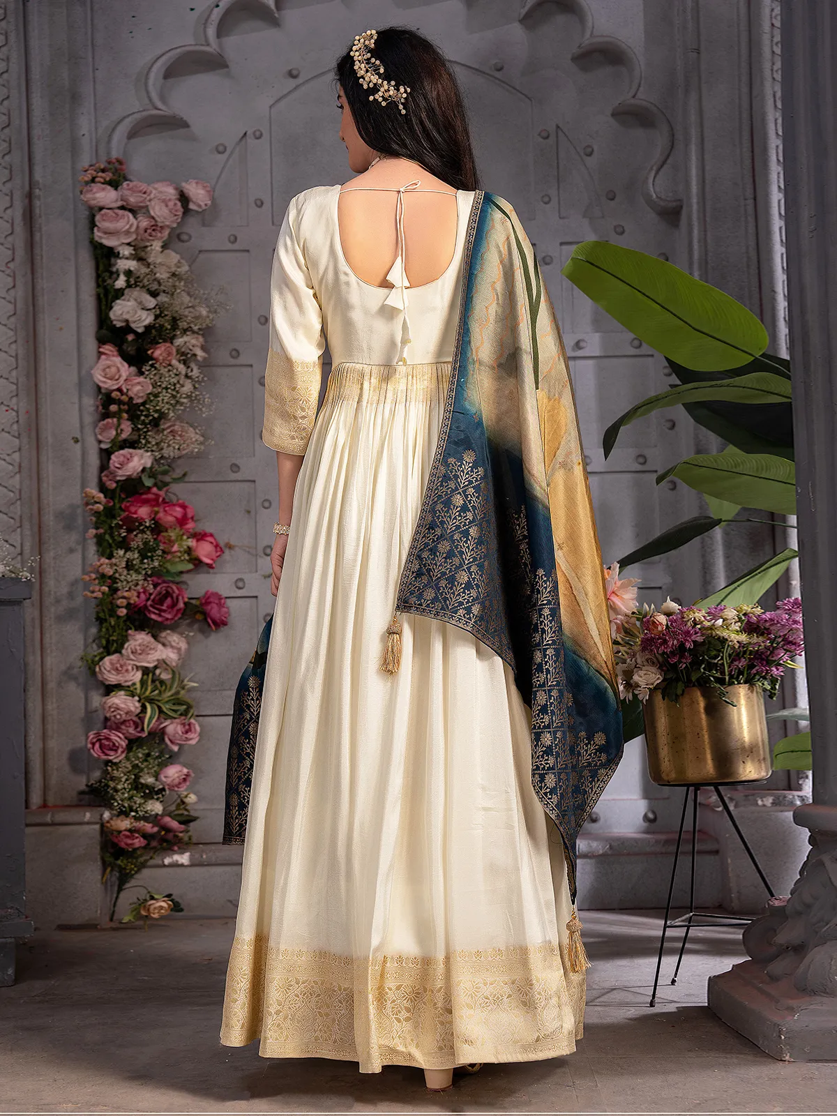 Stunning cream banarasi silk anarkali suit