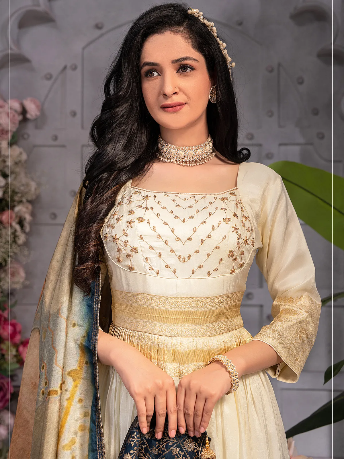 Stunning cream banarasi silk anarkali suit