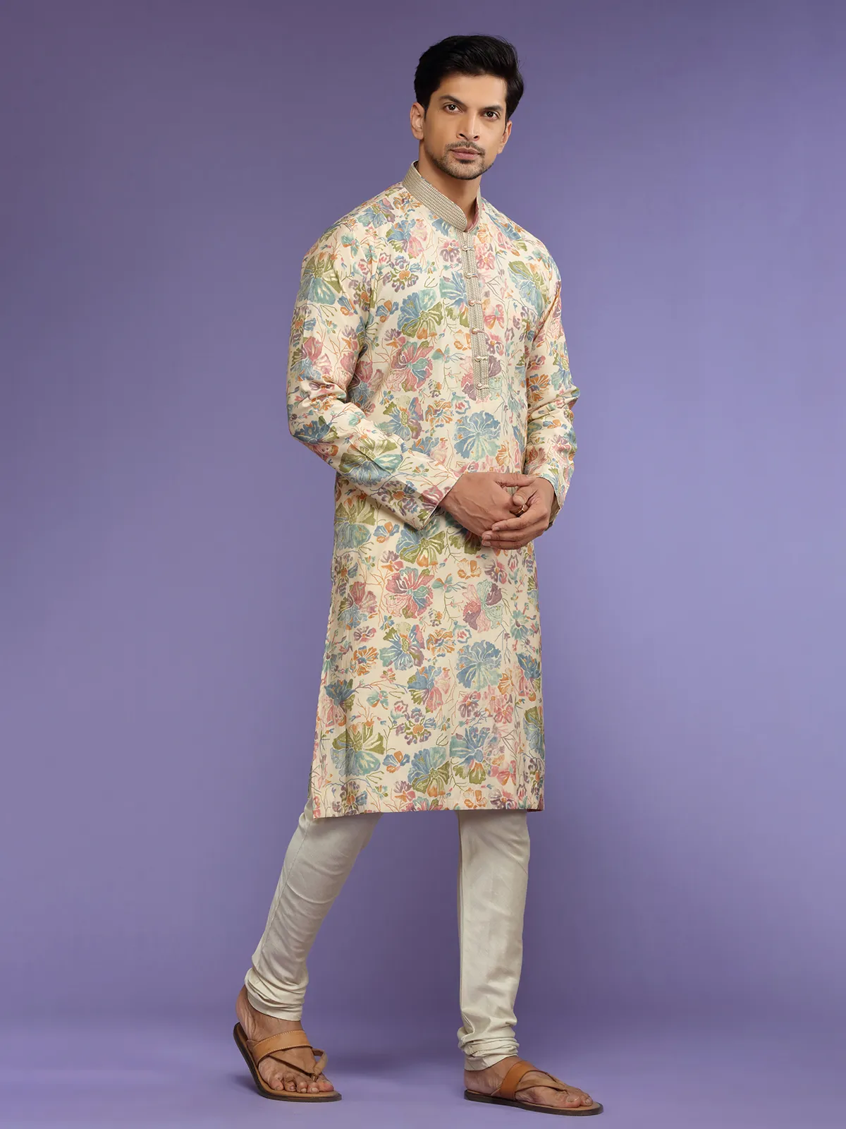 Stunning cream printed  Men Kurta pajama