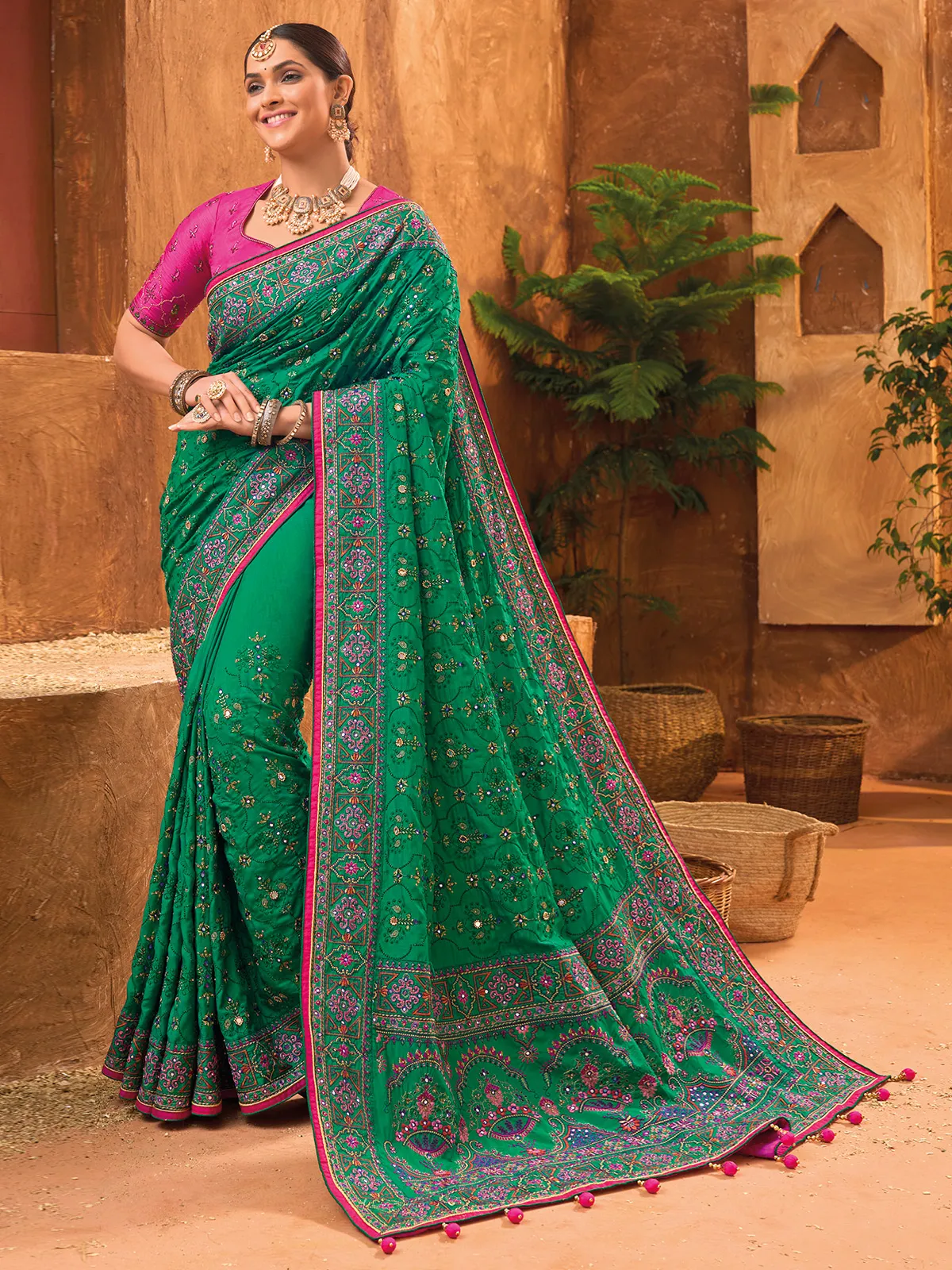 Stunning dark green kachhi work saree