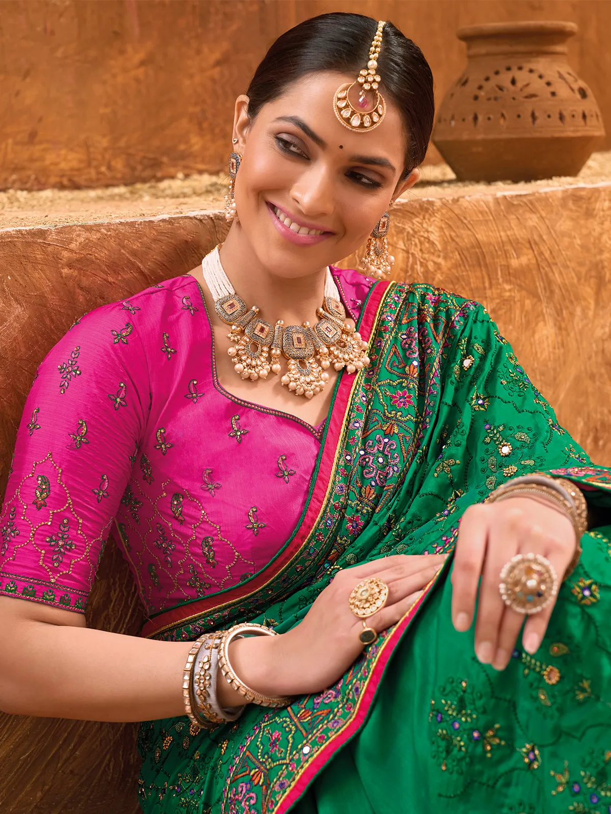 Stunning dark green kachhi work saree