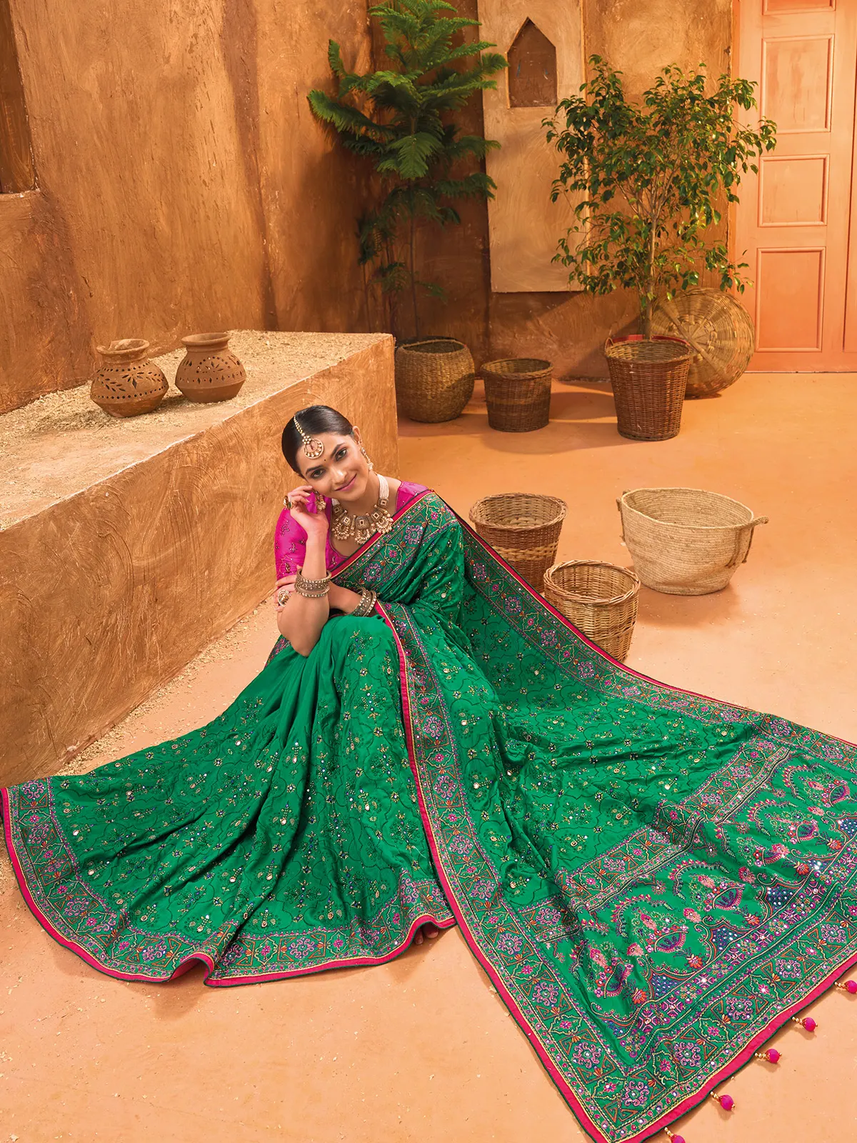 Stunning dark green kachhi work saree