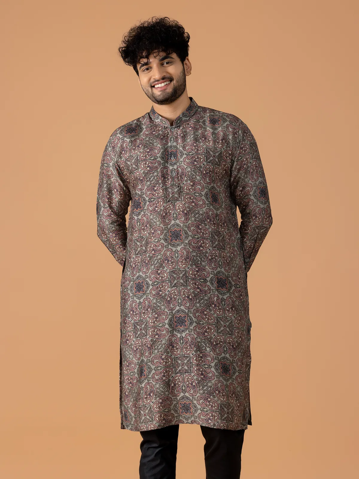 Stunning dark grey printed kurta suit