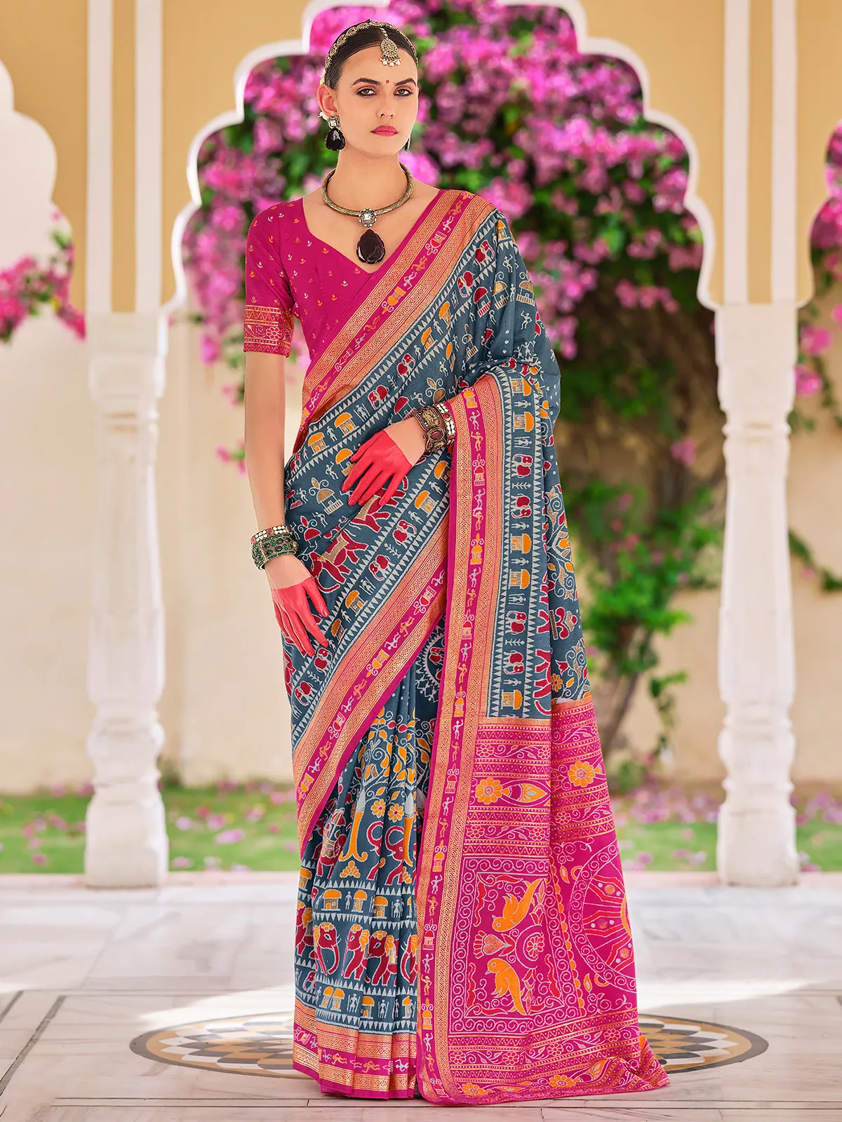 Stunning dark grey printed silk saree