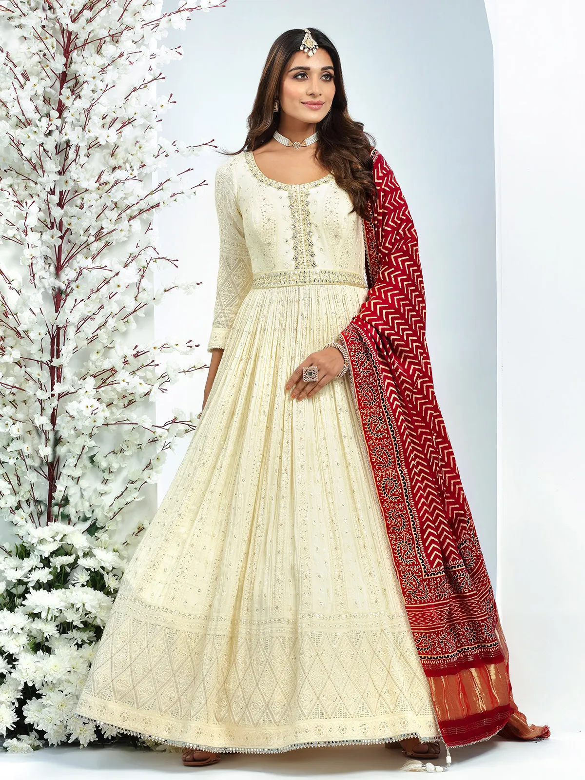 Stunning georgette cream anarkali suit