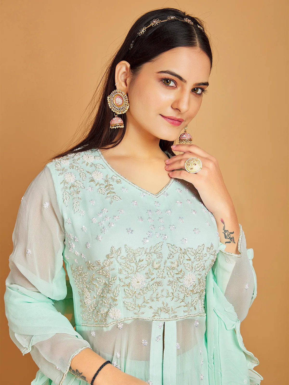 Stunning georgette mint green palazzo suit