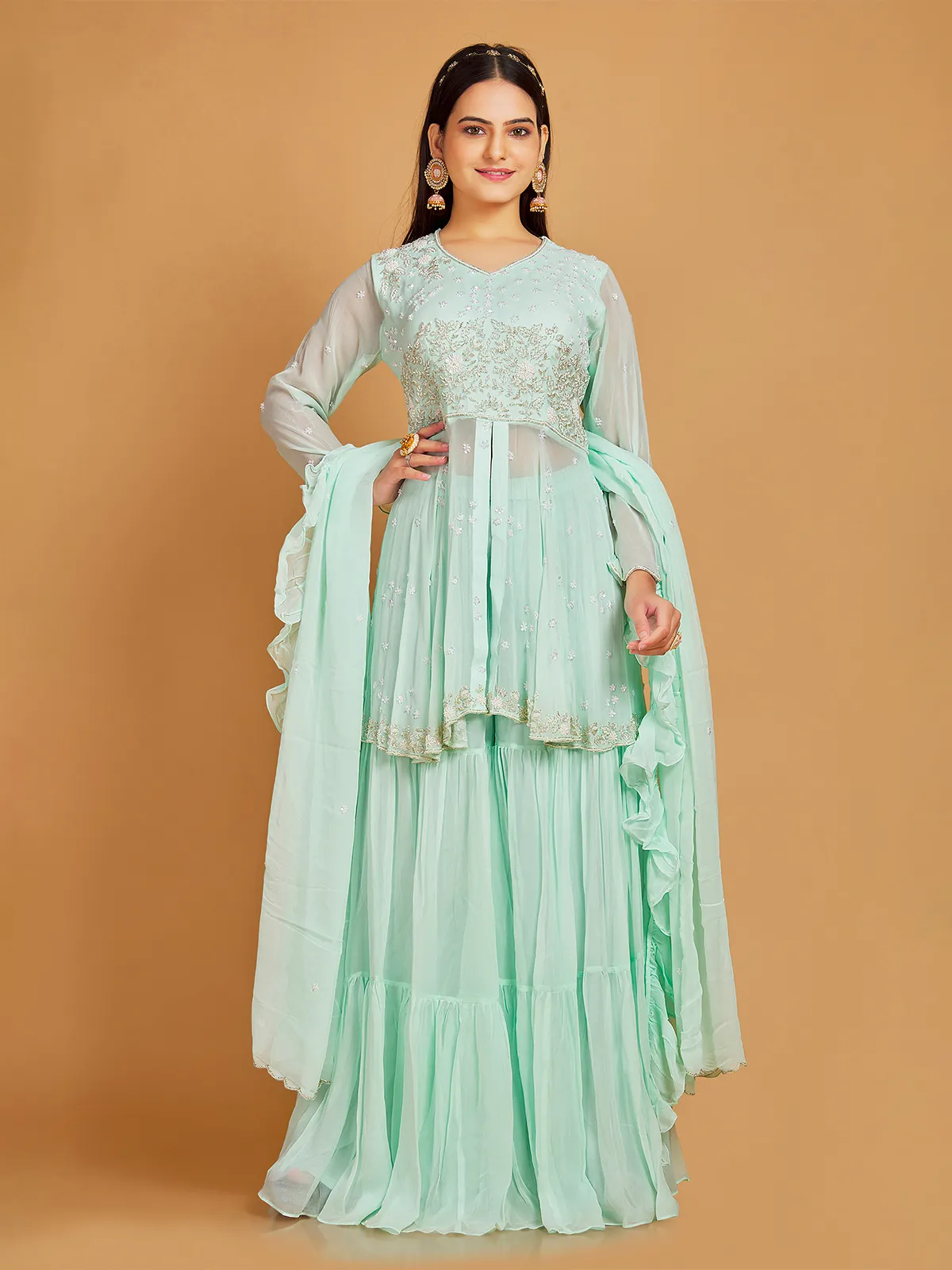 Stunning georgette mint green palazzo suit