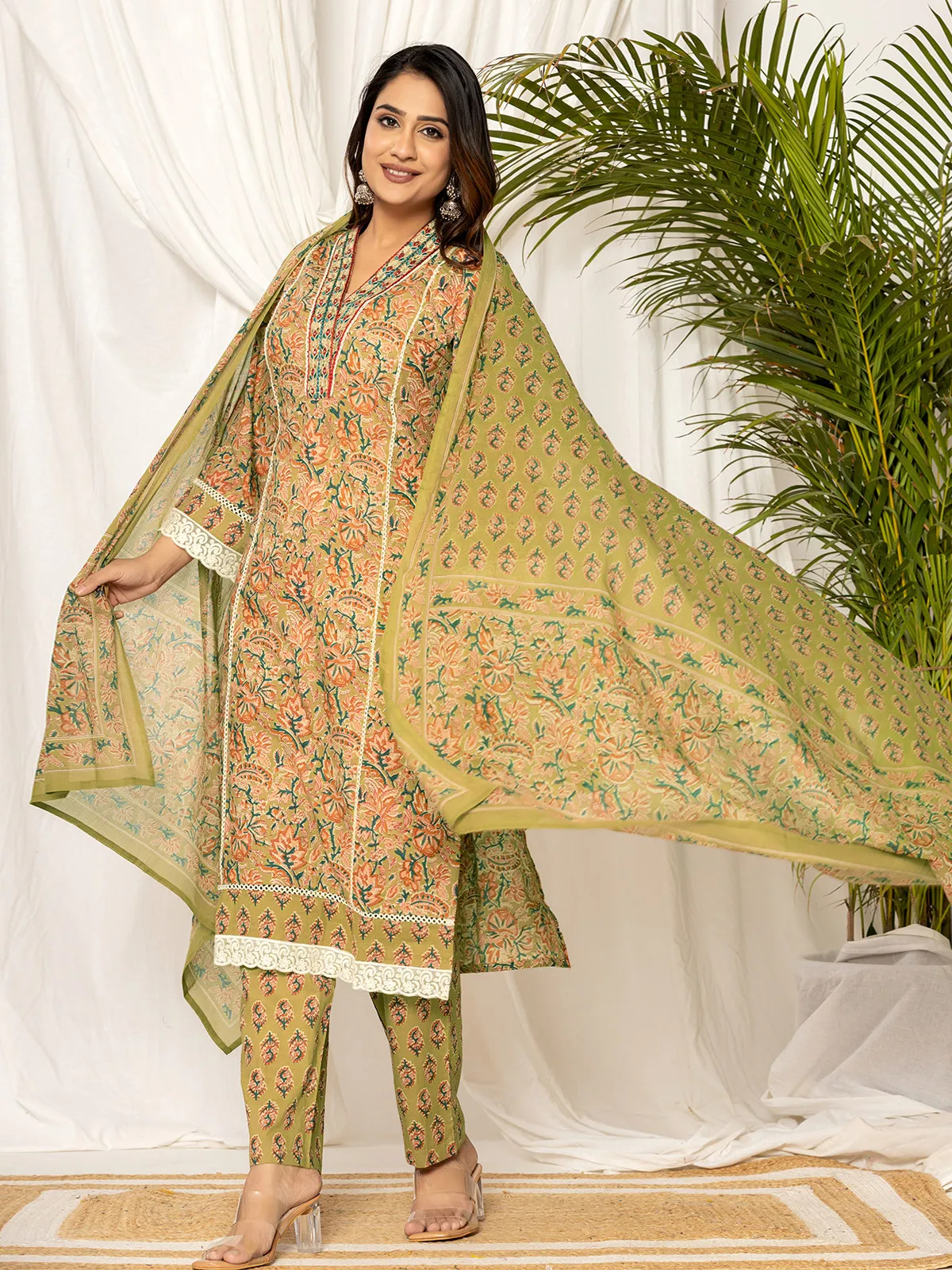 Stunning green cotton printed kurti set